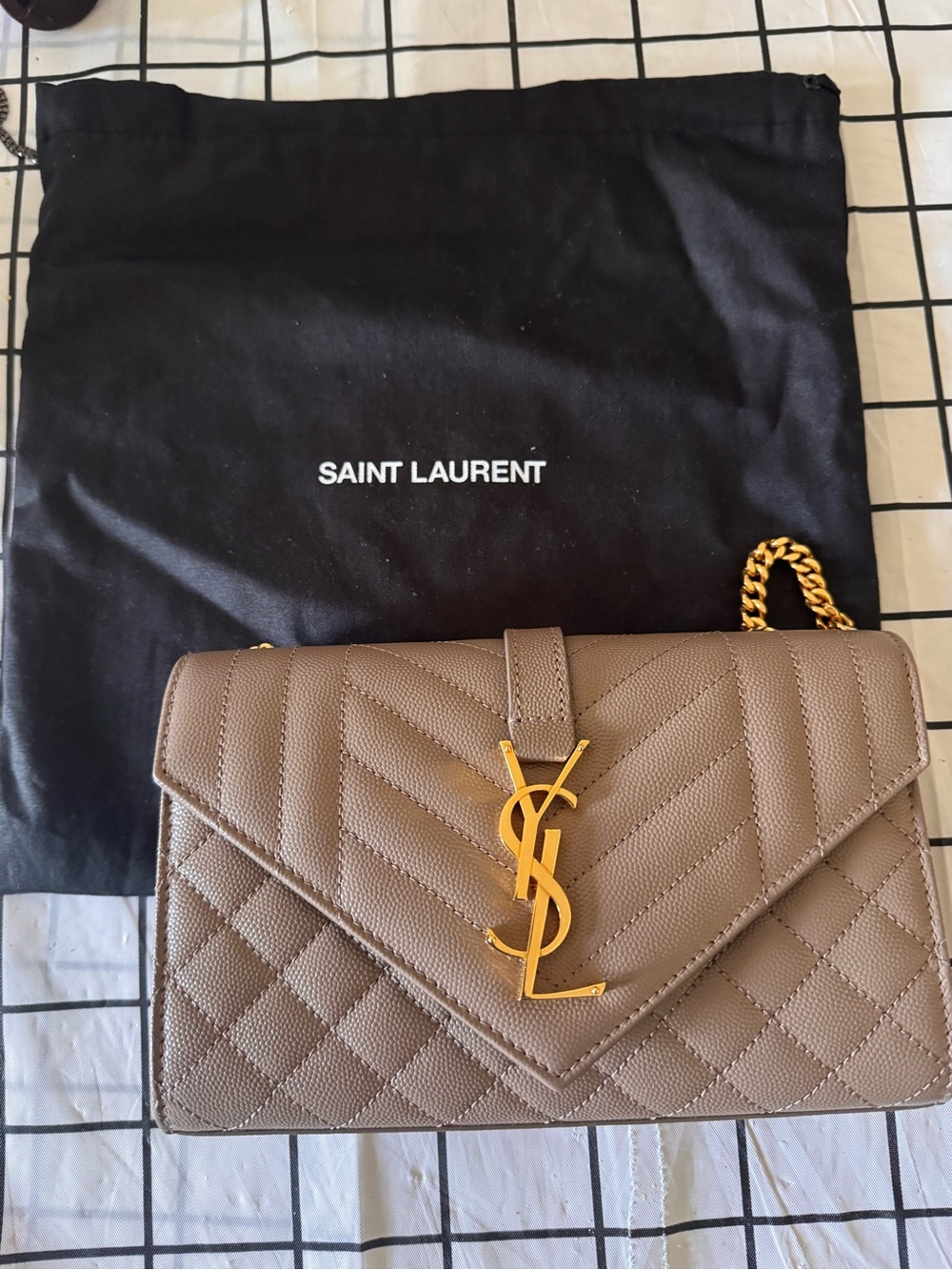 Saint Laurent Taupe Quilted Envelope Crossbody with Gold YSL Hardware